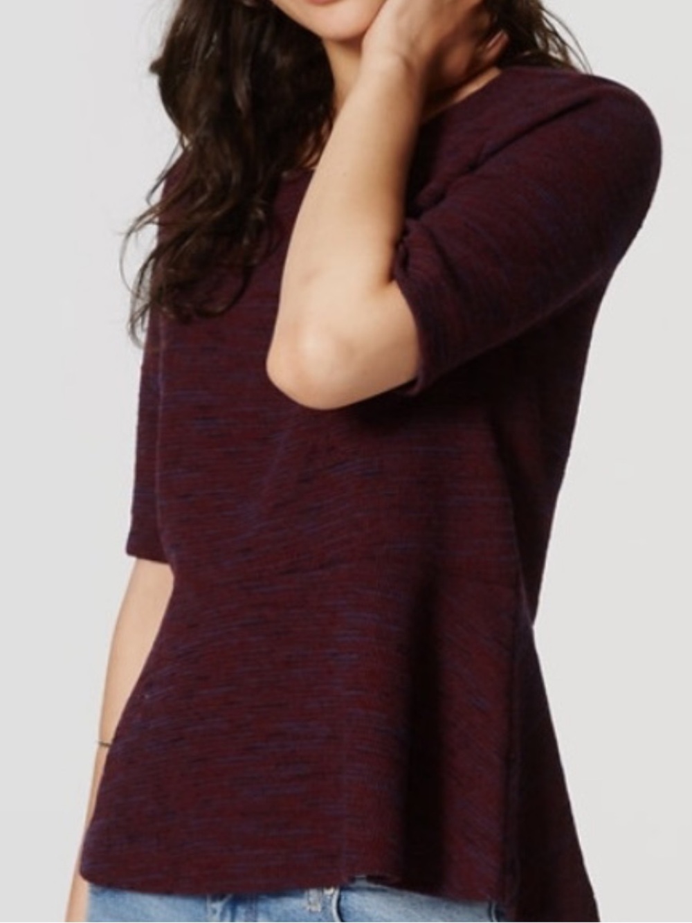 LOFT Melange Peplum Top Burgundy Maroon Knit Short Sleeve Small
